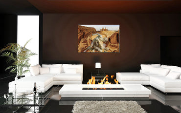 Amphitheater El Jem and the Uffizi Wrestlers acrylic print by Storaro Art Collection - Classical wrestling sculpture in Roman amphitheater with golden atmosphere in luminous premium wall art